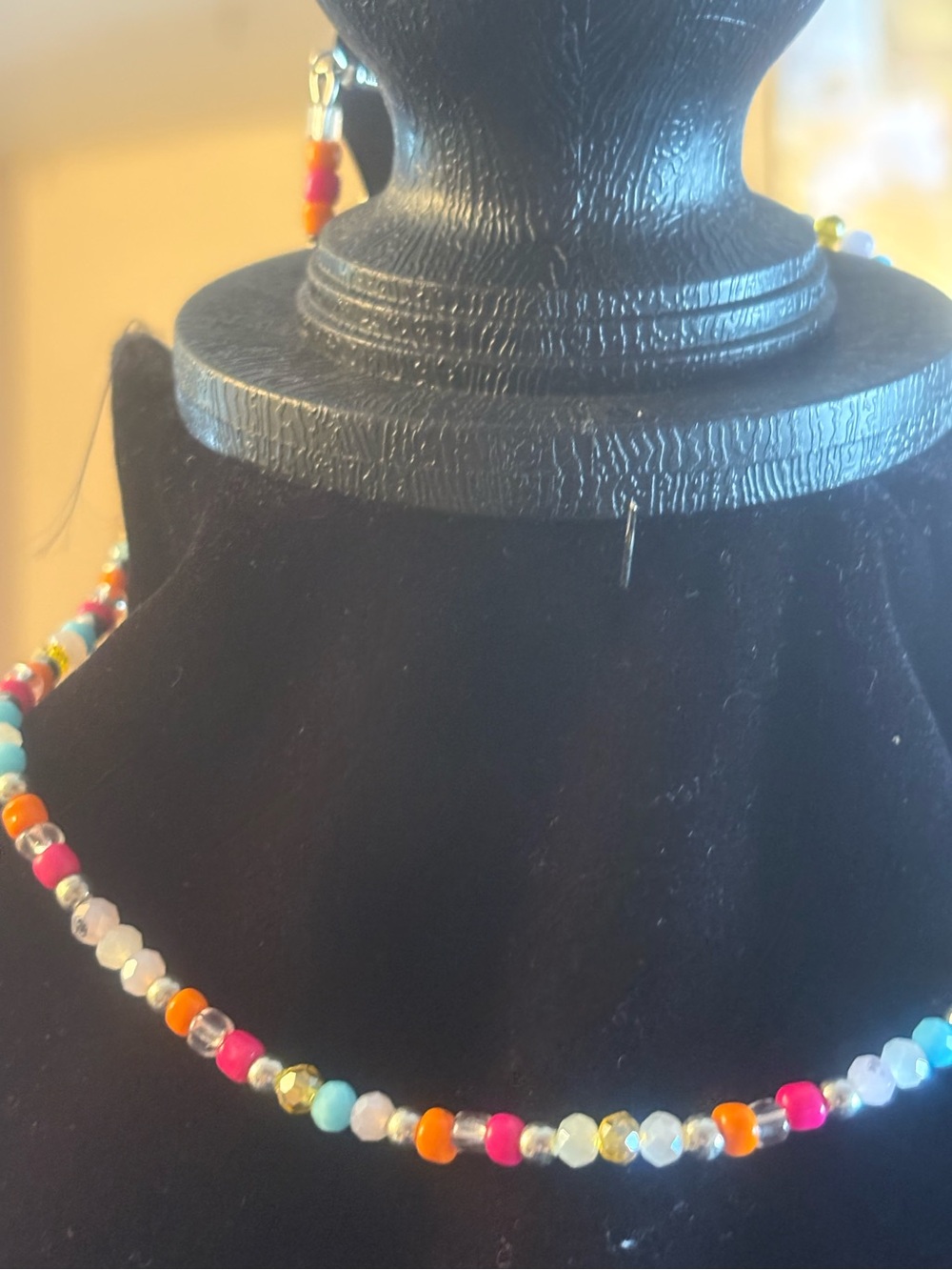 Colorful Beaded Necklace - Pink, Orange, Blue, Gold Accent